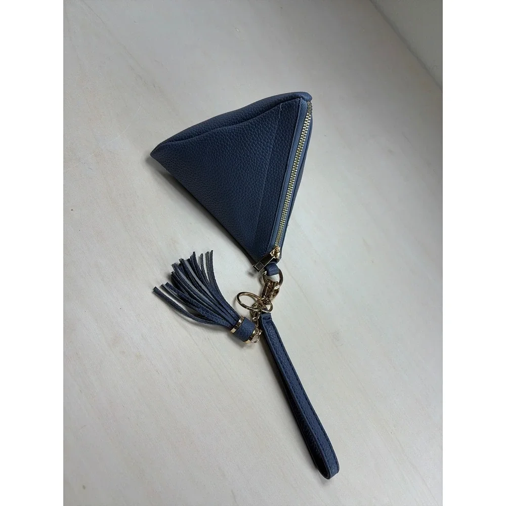 Blue Pyramid Geometric Wristlet Pouch Tassel Charm Pebble Faux Leather Clutch